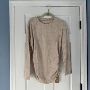 NWT SHEIN Frenchy Beige Ribbed Ruched Tee Size Medium Drop Shoulder Long Sleeve